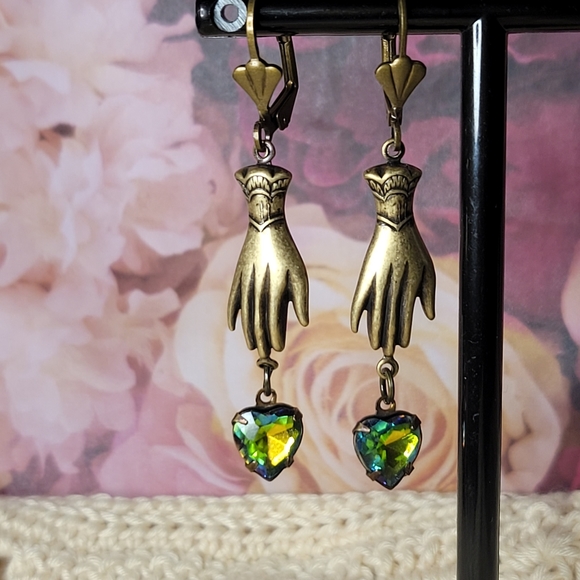 Victorian Vitrail Heart in Hand Earrings - Picture 2 of 8